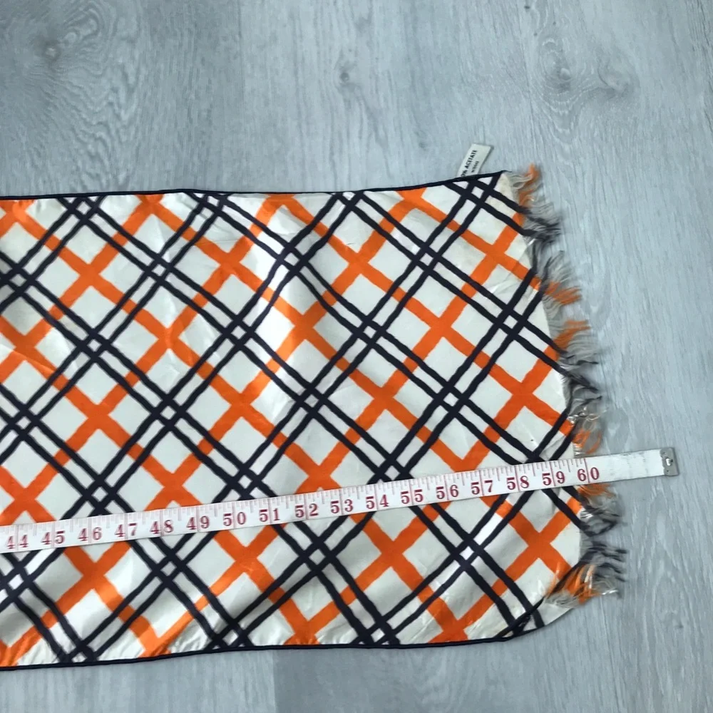 SCARF NAVY IVORY ORANGE NOVA CHECK SATIN FRINGE HEM